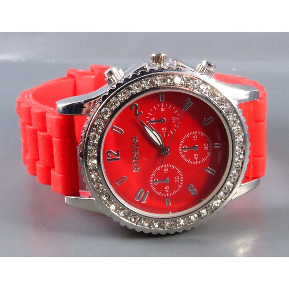 STRADA WRIST WATCH Red Silicone Sport Band SILVER w/CLEAR CRYSTALS Big Dial